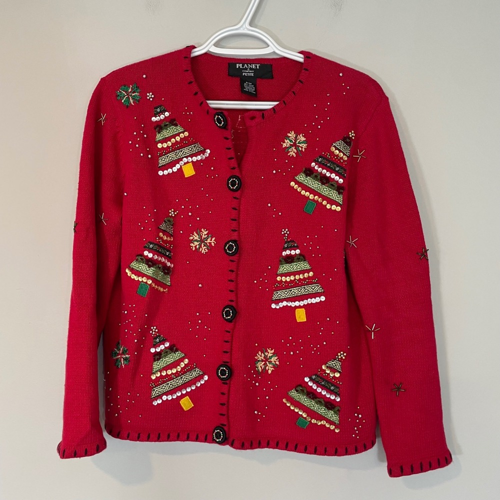 VTG Planet & Company Red Christmas Tree Beaded Cardigan Sweater Petite Medium PM
